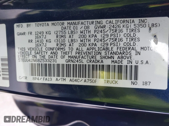 2008 Toyota Tacoma with VIN 5TEUU42N68Z533231, listed as a IAAI auction lot 41588789 with 114,423 mi miles and . Bid and sale history available at DreamBid. Image 9.