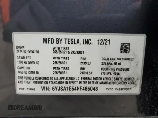 2022 Tesla Model S with VIN 5YJSA1E54NF465048, listed as a Copart auction lot 88756425 with 78,798 mi miles and Salvage Title. Bid and sale history available at DreamBid. Image 14.