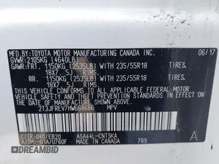 2017 Toyota RAV4 SE z VIN 2T3JFREV7HW668686, wystawiony jako IAAI lot #41832458 z przebiegiem 66 159 mil mil oraz . Historia ofert i sprzedaży dostępna na DreamBid. Obrazek 9.