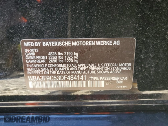 2013 BMW 3 Series ActiveHybrid 3 with VIN WBA3F9C53DF484141, listed as a Copart auction lot 41682365 with 73,789 mi miles and Clean Title. Bid and sale history available at carsss.com. Image 12.