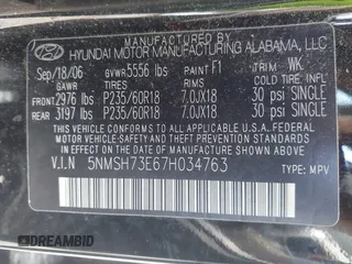 2007 Hyundai Santa Fe SE with VIN 5NMSH73E67H034763, listed as a IAAI auction lot 42304506 with 225,562 mi miles and . Bid and sale history available at DreamBid. Image 9.