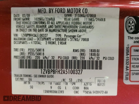 2010 Ford Mustang GT with VIN 1ZVBP8FH2A5100327, listed as a Copart auction lot 58474295 with 50,752 mi miles and Salvage title. Bid and sale history available at DreamBid. Image 12.