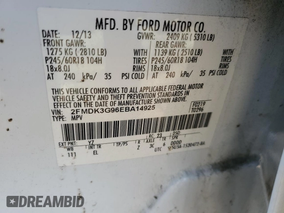 2014 Ford Edge SE z VIN 2FMDK3G96EBA14925, wystawiony jako Copart lot #87165534 z przebiegiem 185 731 mil mil oraz Szkoda całkowita • Salvage title. Historia ofert i sprzedaży dostępna na DreamBid. Obrazek 14.