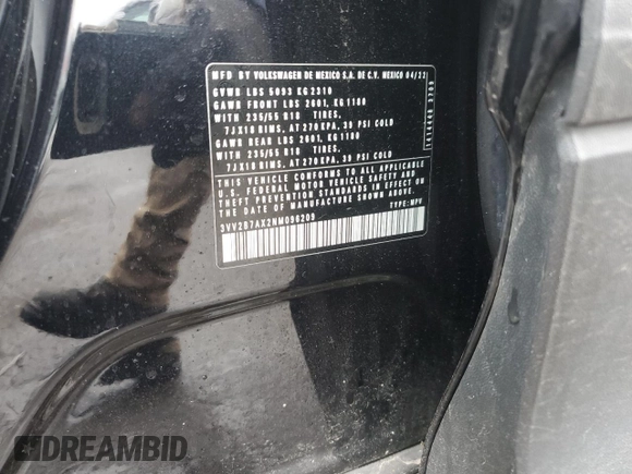 2022 Volkswagen Tiguan SE с VIN 3VV2B7AX2NM096209, выставлен на аукционе Copart как лот 59560785 с пробегом 39 054 миль миль и На запчасти • Non repairable. История ставок и продаж доступна на DreamBid. Изображение 12.