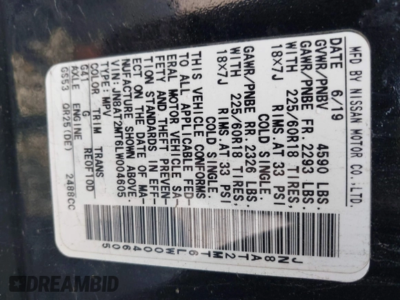 2020 Nissan Rogue SV z VIN JN8AT2MT6LW004605, wystawiony jako IAAI lot #42429525 z przebiegiem 87 349 mil mil oraz . Historia ofert i sprzedaży dostępna na DreamBid. Obrazek 9.