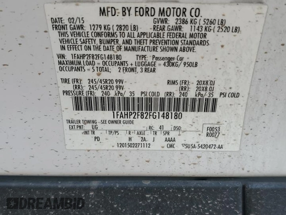 2015 Ford Taurus Limited with VIN 1FAHP2F82FG148180, listed as a Copart auction lot 62354685 with 107,998 mi miles and Salvage title. Bid and sale history available at DreamBid. Image 12.