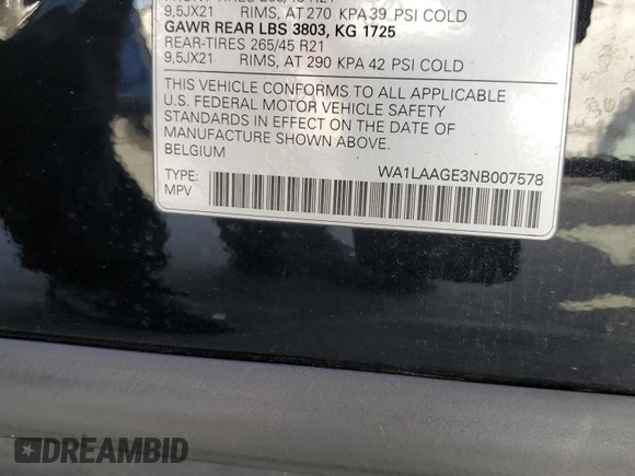 2022 Audi e-tron Premium Plus with VIN WA1LAAGE3NB007578, listed as a Copart auction lot 47896415 with 35,685 mi miles and Salvage Title. Bid and sale history available at DreamBid. Image 13.