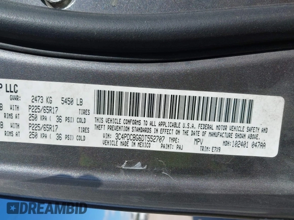 2013 Dodge Journey SXT with VIN 3C4PDCBG6DT552707, listed as a IAAI auction lot 40978636 with Not Provided miles. Bid and sale history available at carsss.com. Image 9.