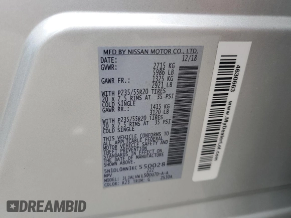 2019 Infiniti QX60 Luxe with VIN 5N1DL0MN3KC550028, listed as a Copart auction lot 58344085 with 84,052 mi miles and Salvage title. Bid and sale history available at DreamBid. Image 13.