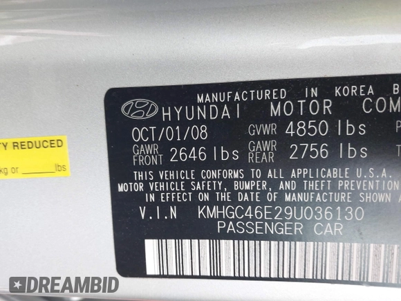 2009 Hyundai Genesis with VIN KMHGC46E29U036130, listed as a IAAI auction lot 41136708 with 145,256 mi miles and . Bid and sale history available at DreamBid. Image 9.
