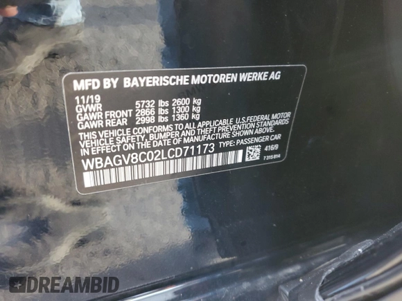 2020 BMW 8 Series M850i with VIN WBAGV8C02LCD71173, listed as a Copart auction lot 72638434 with 43,307 mi miles and Salvage Title. Bid and sale history available at DreamBid. Image 12.
