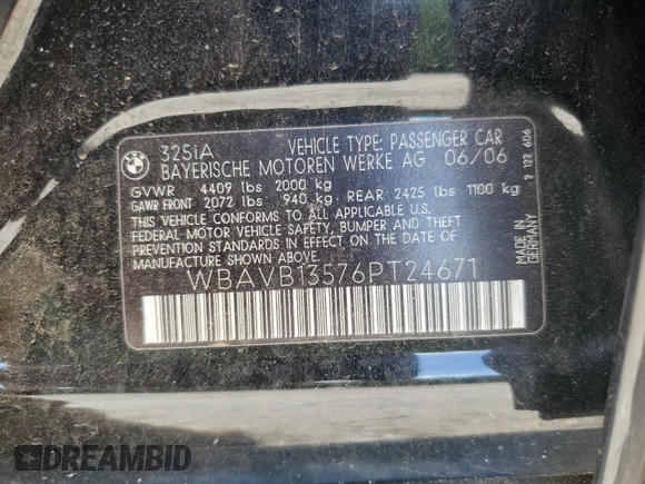 2006 BMW 3 Series 325i z VIN WBAVB13576PT24671, wystawiony jako Copart lot #56490285 z przebiegiem 99 604 mil mil oraz Szkoda całkowita • Salvage title. Historia ofert i sprzedaży dostępna na DreamBid. Obrazek 12.