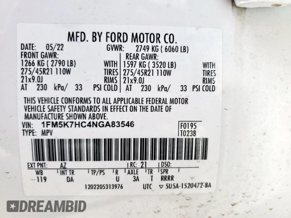 2022 Ford Explorer Platinum с VIN 1FM5K7HC4NGA83546, выставлен на аукционе Copart как лот 50903205 с пробегом 74 533 миль миль и Списание • Salvage title. История ставок и продаж доступна на DreamBid. Изображение 13.