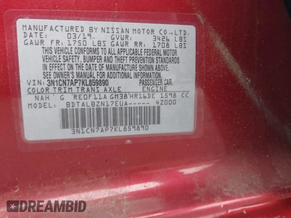 2019 Nissan Versa SV with VIN 3N1CN7AP7KL859890, listed as a IAAI auction lot 42308164 with 55,435 mi miles and . Bid and sale history available at DreamBid. Image 9.