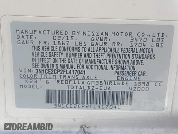 2015 Nissan Note SV with VIN 3N1CE2CP2FL417041, listed as a IAAI auction lot 42022859 with 127,217 mi miles and . Bid and sale history available at DreamBid. Image 9.