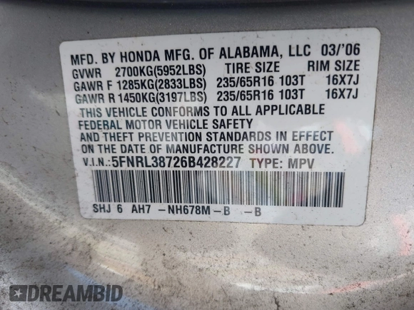 2006 Honda Odyssey EX-L z VIN 5FNRL38726B428227, wystawiony jako IAAI lot #42381464 z przebiegiem 156 623 mil mil oraz . Historia ofert i sprzedaży dostępna na DreamBid. Obrazek 9.