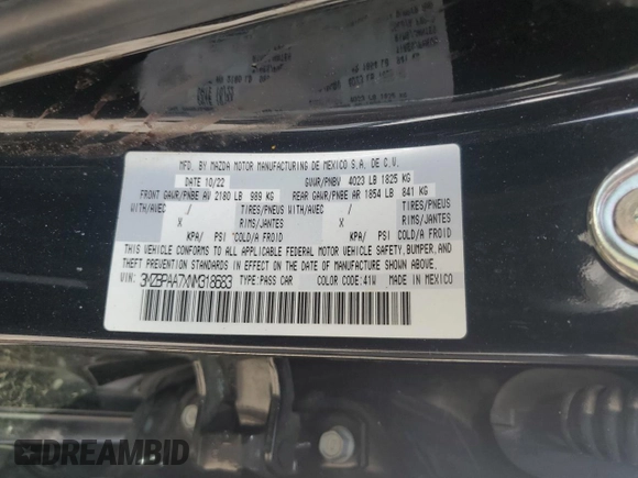 2022 Mazda 3 2.0 with VIN 3MZBPAA7XNM318683, listed as a Copart auction lot 70668574 with Not Provided miles and Salvage Title. Bid and sale history available at DreamBid. Image 13.