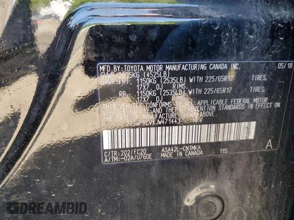 2018 Toyota RAV4 XLE with VIN 2T3WFREVXJW471443, listed as a Copart auction lot 54890655 with 131,677 mi miles and Salvage title. Bid and sale history available at DreamBid. Image 13.