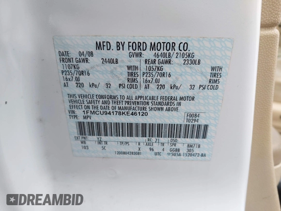 2008 Ford Escape Limited with VIN 1FMCU94178KE46120, listed as a IAAI auction lot 42046936 with 173,658 mi miles. Bid and sale history available at carsss.com. Image 9.