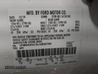2020 Ford Explorer ST with VIN 1FM5K8GC5LGB55780, listed as a IAAI auction lot 41158868 with 60,462 mi miles and . Bid and sale history available at DreamBid. Image 9.
