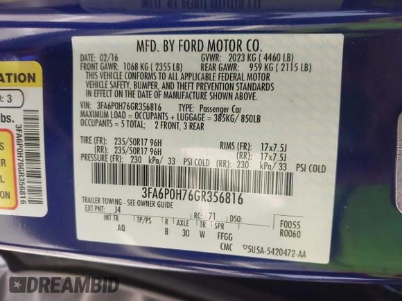 2016 Ford Fusion SE with VIN 3FA6P0H76GR356816, listed as a IAAI auction lot 42137780 with 69,465 mi miles and . Bid and sale history available at DreamBid. Image 9.