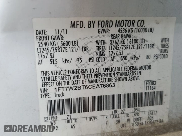 2012 Ford F-250 XL z VIN 1FT7W2BT6CEA76863, wystawiony jako Copart lot #57473505 z przebiegiem 176 404 mil mil oraz Szkoda całkowita • Salvage title. Historia ofert i sprzedaży dostępna na DreamBid. Obrazek 12.