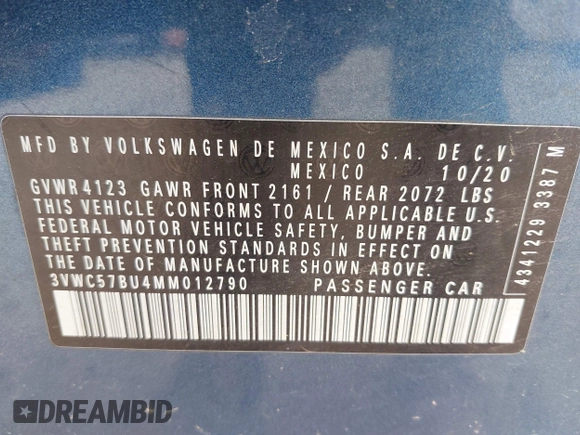 2021 Volkswagen Jetta S with VIN 3VWC57BU4MM012790, listed as a IAAI auction lot 42292471 with 43,833 mi miles and . Bid and sale history available at DreamBid. Image 9.