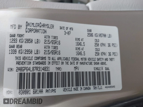 2007 Chrysler Town & Country Limited with VIN 2A8GP64L87R314831, listed as a IAAI auction lot 41729945 with 64,813 mi miles and . Bid and sale history available at DreamBid. Image 9.