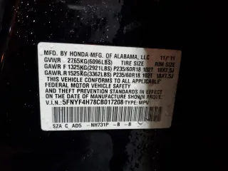 2012 Honda Pilot EX-L with VIN 5FNYF4H78CB017208, listed as a Copart auction lot 52321835 with 196,953 mi miles and Salvage Title. Bid and sale history available at DreamBid. Image 14.