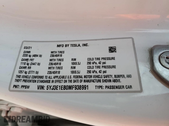 2021 Tesla Model 3 Long Range with VIN 5YJ3E1EB0MF938991, listed as a Copart auction lot 87488384 with Not Provided miles and Salvage Title. Bid and sale history available at carsss.com. Image 12.