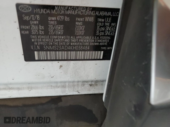 2019 Hyundai Santa Fe SE z VIN 5NMS23AD4KH038484, wystawiony jako Copart lot #59189315 z przebiegiem 69 900 mil mil oraz Szkoda całkowita • Salvage title. Historia ofert i sprzedaży dostępna na DreamBid. Obrazek 13.
