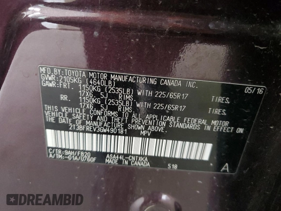 2016 Toyota RAV4 LE with VIN 2T3BFREV3GW490181, listed as a Copart auction lot 52457435 with 128,267 mi miles and Salvage Title. Bid and sale history available at DreamBid. Image 14.