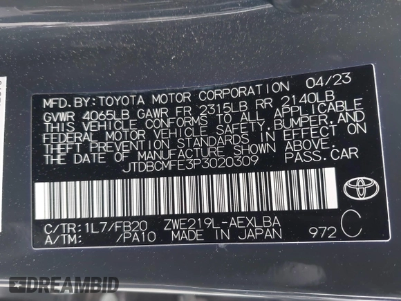 2023 Toyota Corolla Hybrid LE with VIN JTDBCMFE3P3020309, listed as a IAAI auction lot 41785944 with 19,617 mi miles. Bid and sale history available at carsss.com. Image 9.