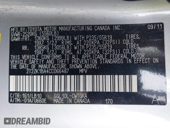 2012 Lexus RX 350 with VIN 2T2ZK1BA4CC066487, listed as a IAAI auction lot 41432492 with 127,381 mi miles and . Bid and sale history available at DreamBid. Image 9.