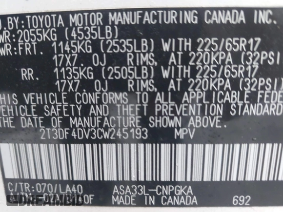 2012 Toyota RAV4 Limited z VIN 2T3DF4DV3CW245193, wystawiony jako IAAI lot #42233074 z przebiegiem 121 522 mil mil oraz . Historia ofert i sprzedaży dostępna na DreamBid. Obrazek 9.