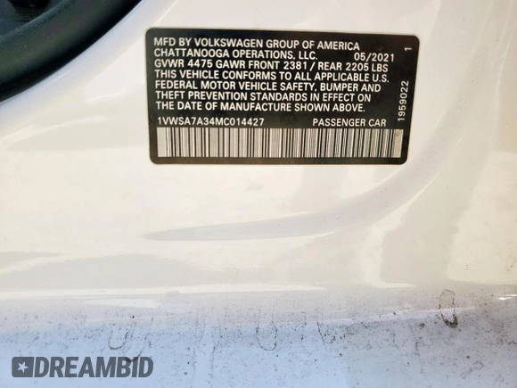 2021 Volkswagen Passat SE with VIN 1VWSA7A34MC014427, listed as a Copart auction lot 61854015 with 74,563 mi miles and Salvage title. Bid and sale history available at DreamBid. Image 12.