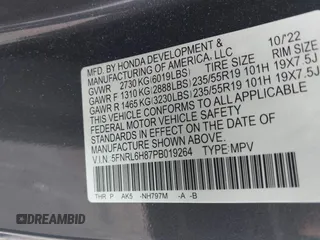 2023 Honda Odyssey Touring с VIN 5FNRL6H87PB019264, выставлен на аукционе IAAI как лот 42198877 с пробегом 39 948 миль миль и . История ставок и продаж доступна на DreamBid. Изображение 9.