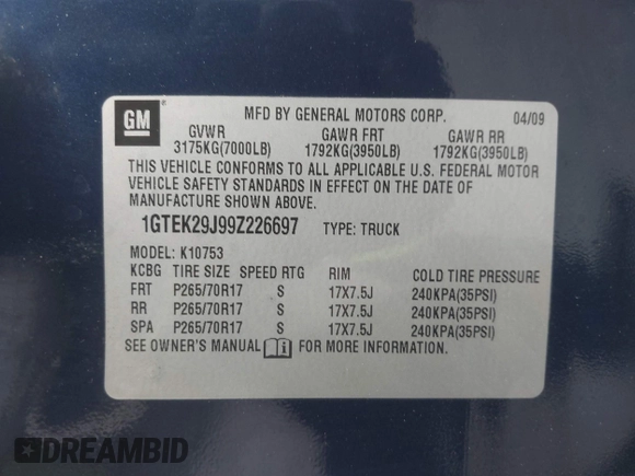 2009 GMC Sierra 1500 SLE with VIN 1GTEK29J99Z226697, listed as a IAAI auction lot 42362287 with 162,977 mi miles and . Bid and sale history available at DreamBid. Image 9.