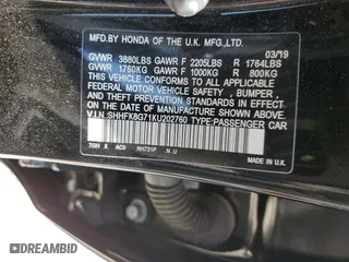 2019 Honda Civic Type R Touring with VIN SHHFK8G71KU202760, listed as a Copart auction lot 68833784 with 55,701 mi miles and Salvage Title. Bid and sale history available at carsss.com. Image 13.