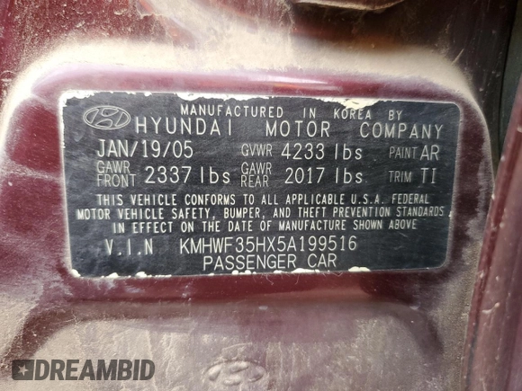 2005 Hyundai Sonata GLS with VIN KMHWF35HX5A199516, listed as a Copart auction lot 70000524 with 186,198 mi miles and Clean Title. Bid and sale history available at carsss.com. Image 12.