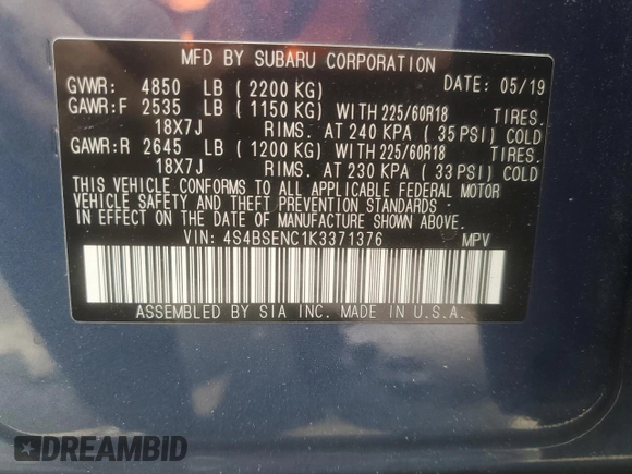 2019 Subaru Outback Limited with VIN 4S4BSENC1K3371376, listed as a Copart auction lot 60248615 with 47,219 mi miles and Salvage title. Bid and sale history available at DreamBid. Image 14.
