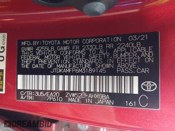 2021 Toyota Prius LE with VIN JTDKAMFP6M3189145, listed as a IAAI auction lot 42021116 with 80,722 mi miles and . Bid and sale history available at DreamBid. Image 9.