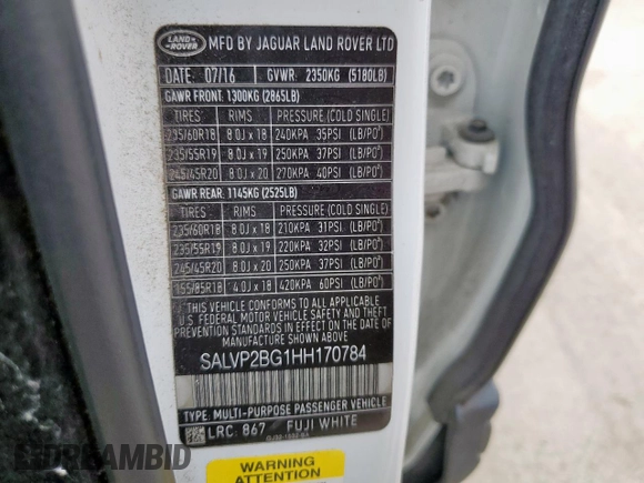 2017 Land Rover Range Rover Evoque SE с VIN SALVP2BG1HH170784, выставлен на аукционе Copart как лот 60514915 с пробегом 170 773 миль миль и Чистый • Clean title. История ставок и продаж доступна на DreamBid. Изображение 12.