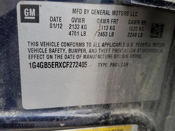 2012 Buick LaCrosse Convenience with VIN 1G4GB5ERXCF272405, listed as a Copart auction lot 77310114 with 71,988 mi miles and Non Repairable. Bid and sale history available at carsss.com. Image 12.