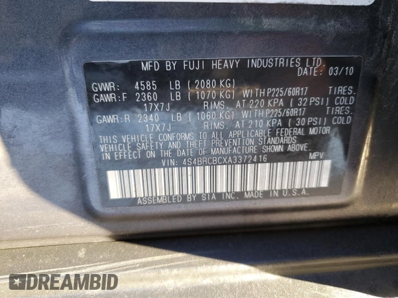 2010 Subaru Outback Premium with VIN 4S4BRCBCXA3372416, listed as a Copart auction lot 42639015 with 155,943 mi miles and Salvage title. Bid and sale history available at DreamBid. Image 13.
