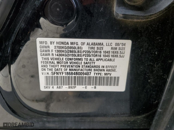 2004 Honda Pilot EX with VIN 5FNYF18684B009407, listed as a Copart auction lot 82195634 with 217,683 mi miles and Salvage Title. Bid and sale history available at carsss.com. Image 12.