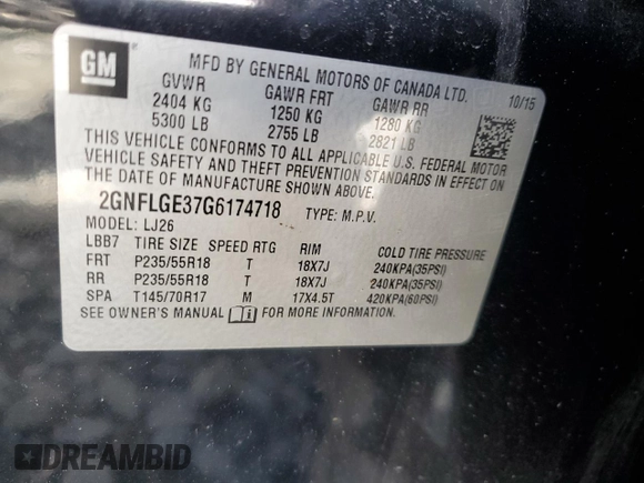 2016 Chevrolet Equinox LTZ z VIN 2GNFLGE37G6174718, wystawiony jako Copart lot #52518065 z przebiegiem 82 827 mil mil oraz Szkoda całkowita • Salvage title. Historia ofert i sprzedaży dostępna na DreamBid. Obrazek 15.