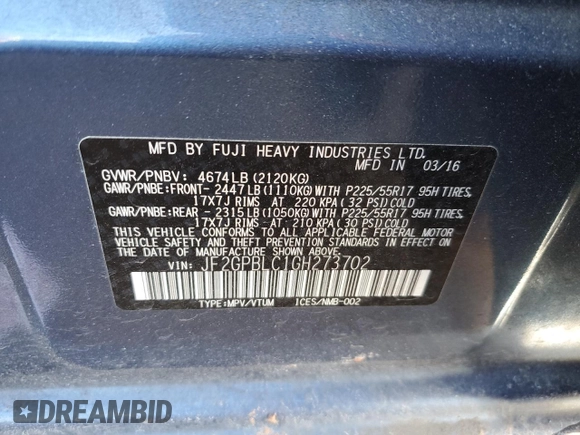 2016 Subaru Crosstrek Touring with VIN JF2GPBLC1GH273702, listed as a Copart auction lot 42853195 with 91,045 mi miles and Salvage title. Bid and sale history available at DreamBid. Image 14.