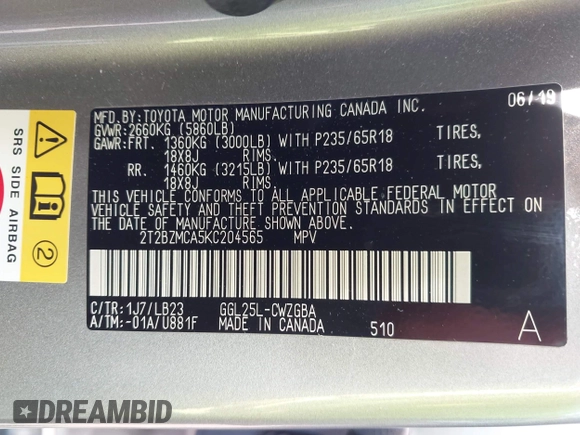 2019 Lexus RX 350 с VIN 2T2BZMCA5KC204565, выставлен на аукционе IAAI как лот 42342223 с пробегом 45 198 миль миль и . История ставок и продаж доступна на DreamBid. Изображение 9.