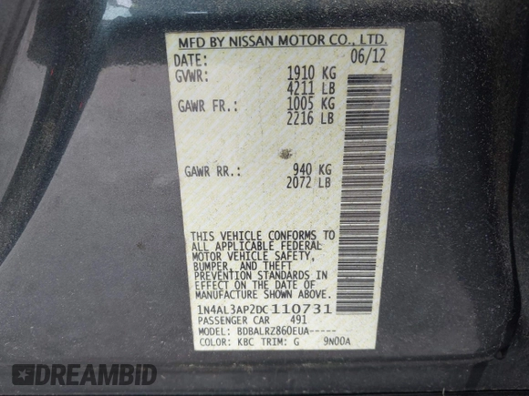 2013 Nissan Altima SV with VIN 1N4AL3AP2DC110731, listed as a IAAI auction lot 42037362 with 265,764 mi miles and . Bid and sale history available at carsss.com. Image 9.